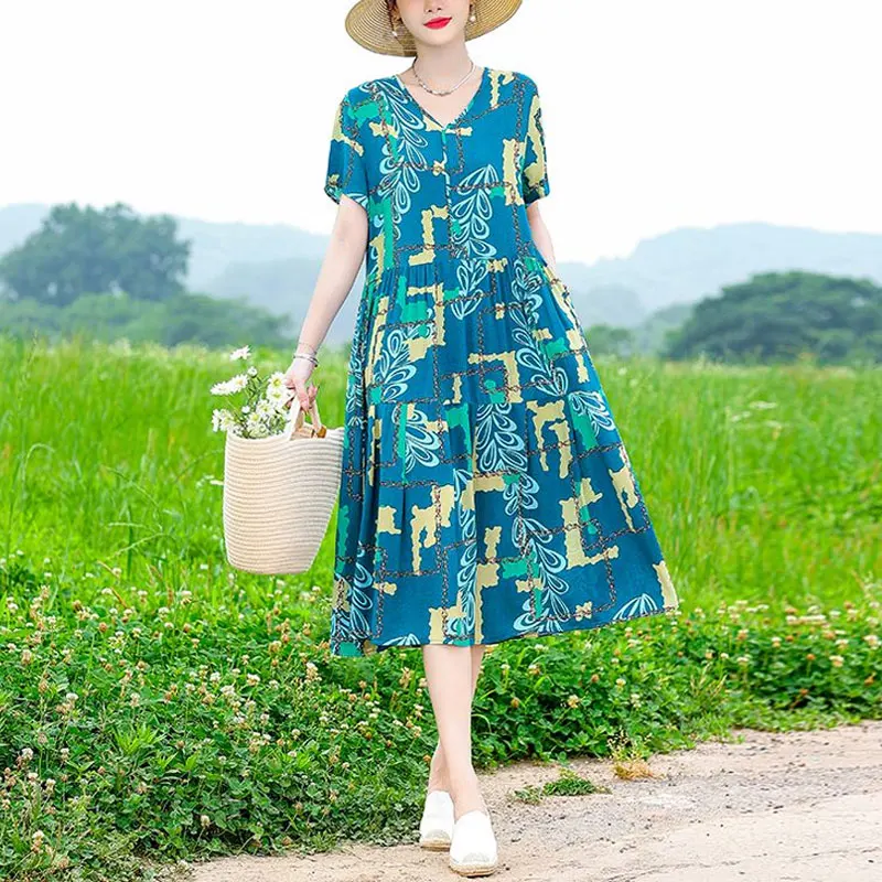 

Prairie Chic Casual V-Neck Dresses Vintage Printed Spliced Summer Short Sleeve Female Clothing A-Line Loose Waist Midi Dress New