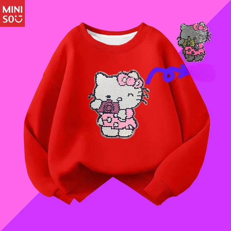 

Miniso 2025 Girls Long Sleeve Hoodie Autumn Winter New, Cartoon Anime Color Change Glitter Pattern Big Kids Top