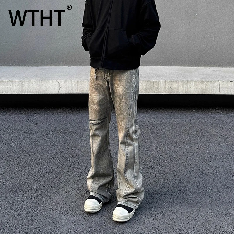 

WTHT Fashion Men's Hold Patchwork Do Old Design Denim Pants Trendy High Street Loose Wide Leg Jeans Male 2025 Summer 2A1312