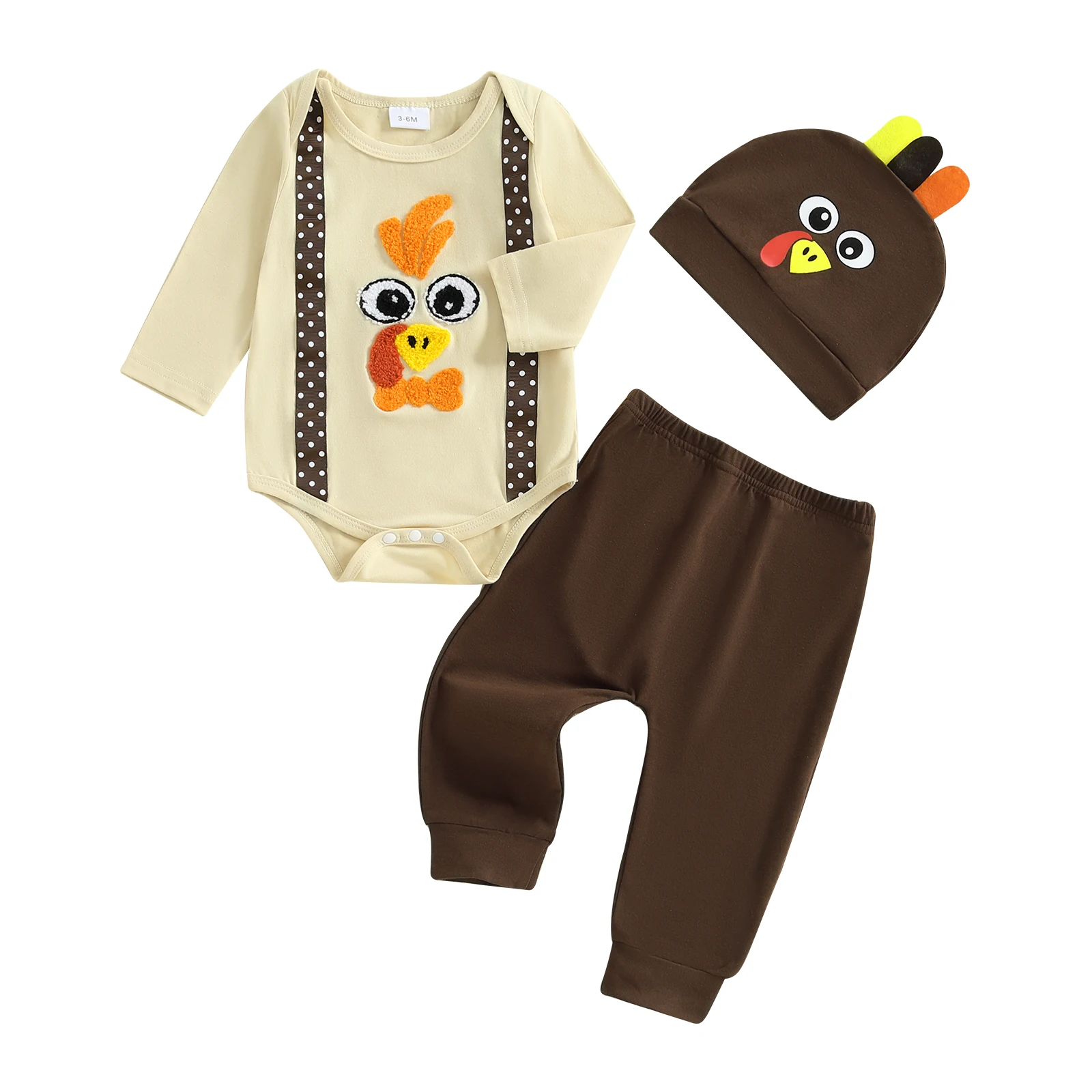 

Baby Boys Thanksgiving Outfits Turkey Embroidered Long Sleeve Rompers Long Pants Hat 3Pcs Clothes Set