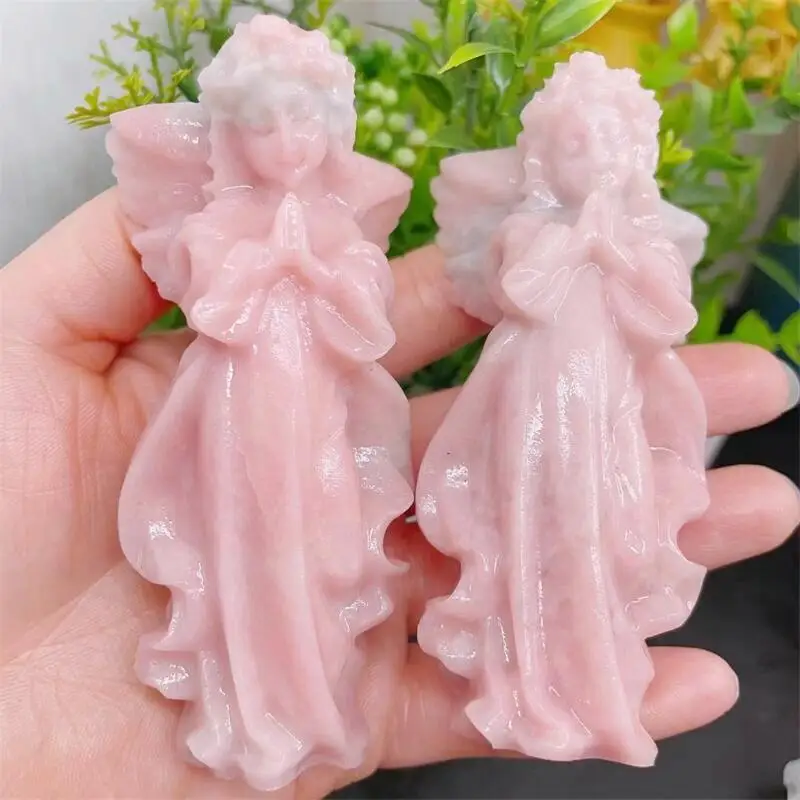 

10CM Natural Pink Opal Angel Carving Handmade Crafts Healing Reiki Stone Home Decor Decoration 1PCS