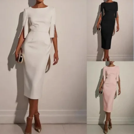 

2025 New Spring and Summer Solid Color Commuter Beaded Slim and Elegant Dress for Women Vestidos De Fiesta