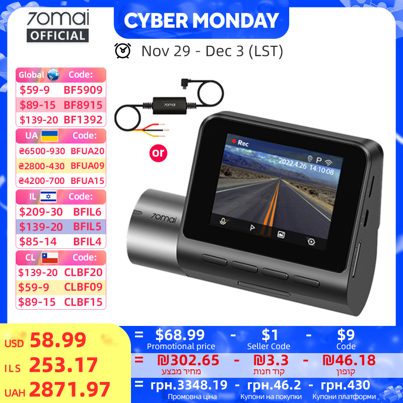  70mai A500S Recorder Car DVR Front Cam A500S 1944P Night Vision 70mai Dash Cam Pro Plus Built-in GPS Wifi Support Rear Cam 