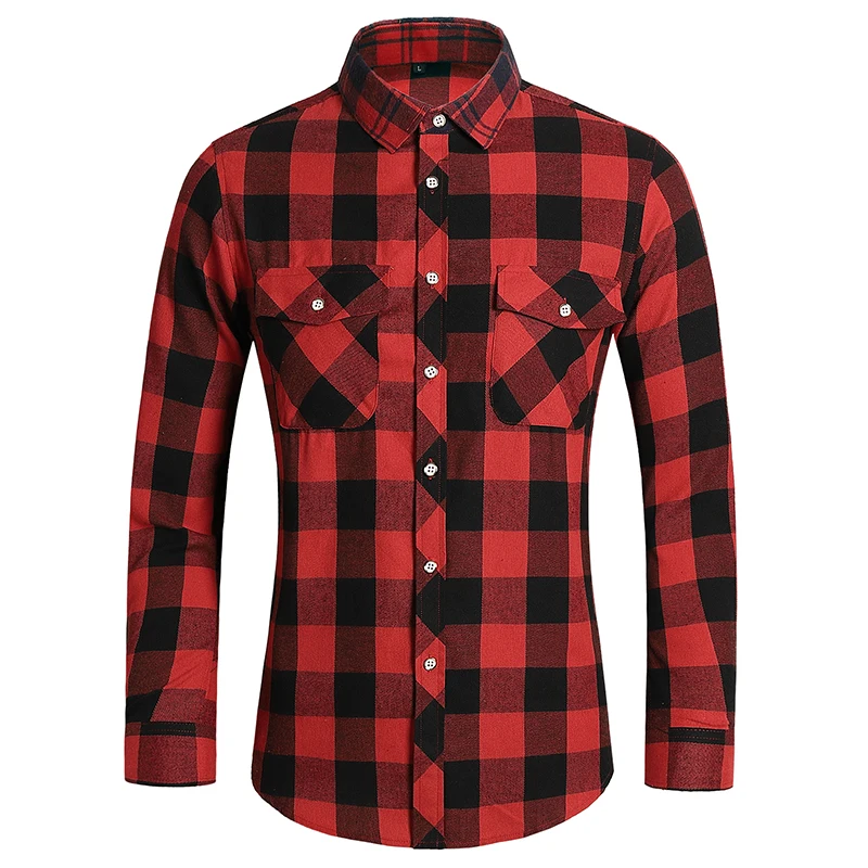 

Red And Black Plaid Long Sleeve Shirt Men FashionTwo Pocket Design Buttoned Mens Checkered Shirts High Quality Blouse