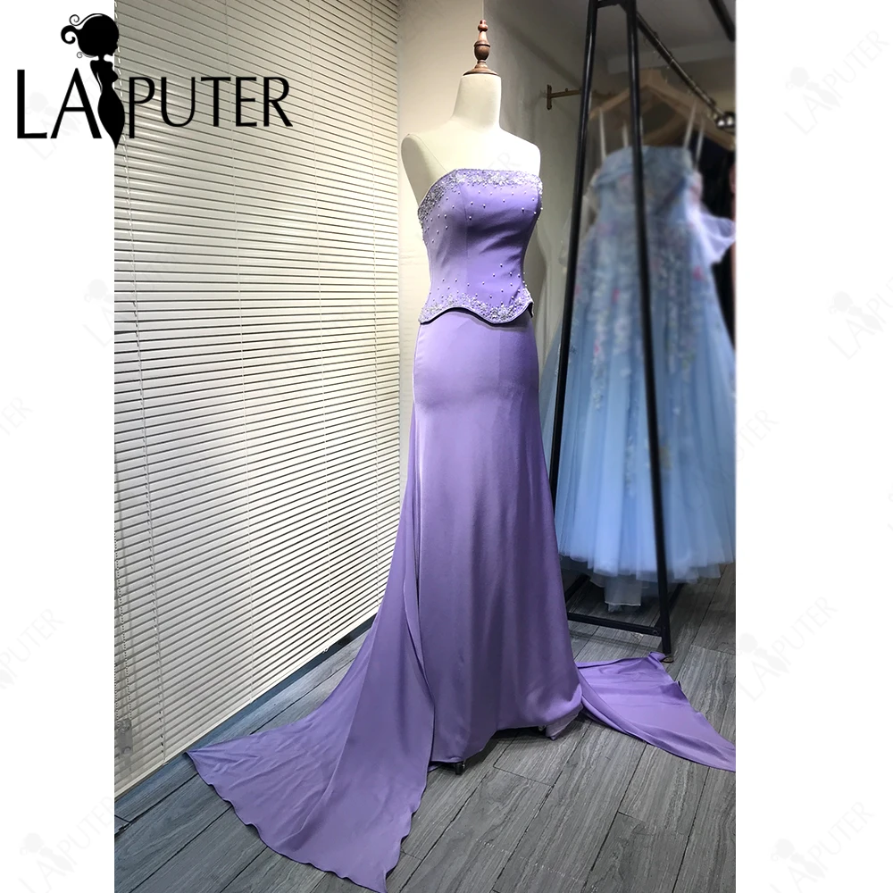 Purple Mermaid Prom Dress Flowing Satin A line Bead Corset Evening Dress Back Detachable Back Tail Wisteria Formal Dress