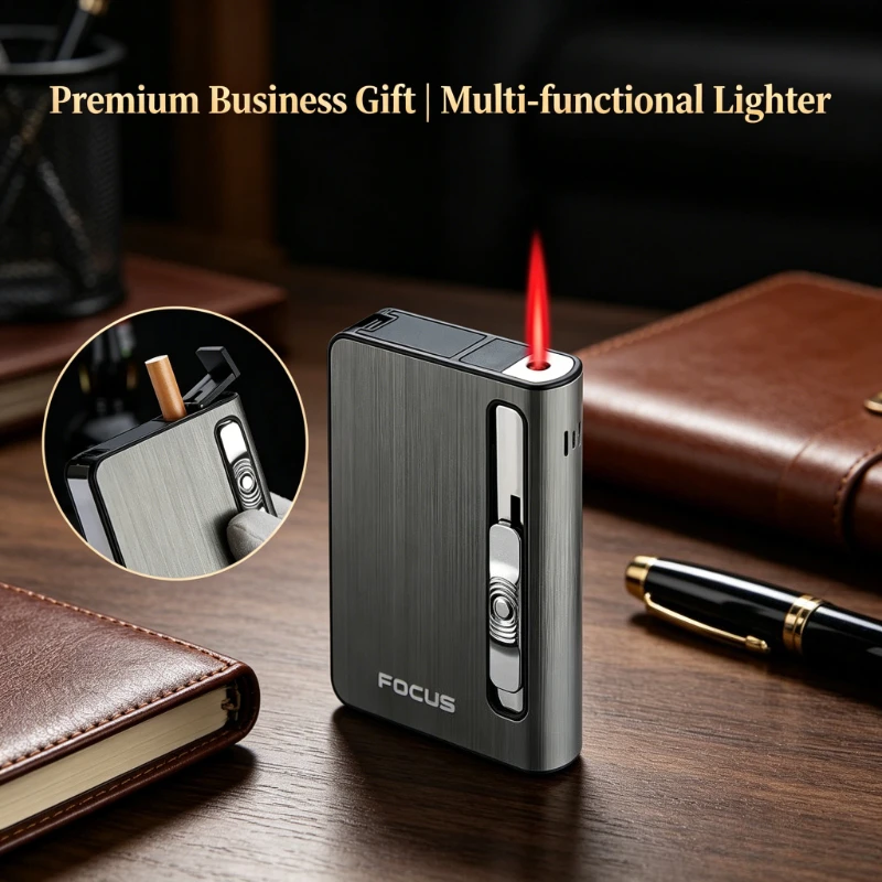 

10 Pack Cigarette Case Lighter, Auto Pop-up Windproof Red Jet Flame, Refillable Butane Torch, Practical Smoking Gift Set