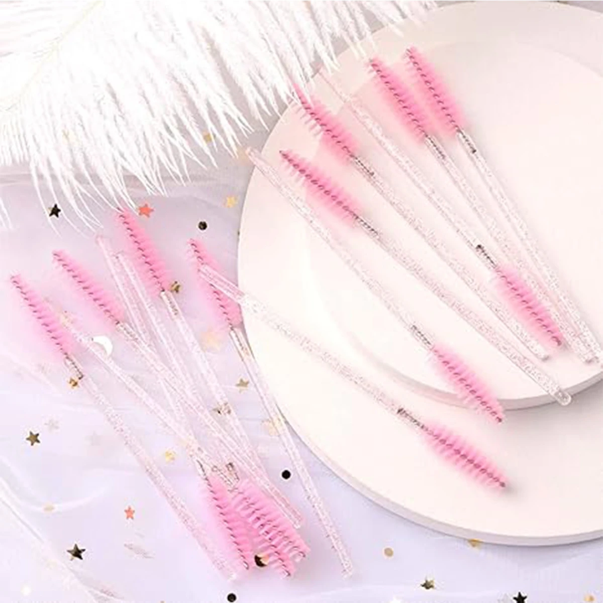 8 to 98 PCS Pink Disposable Mascara Wands, Glitter Clear Handle Eyelash Brush Spoolie Lash Tools for Makeup and Beauty Salon