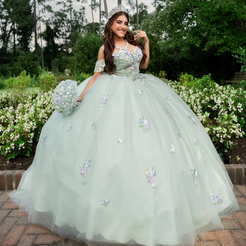 

Светло-зеленые блестящие платья Quinceanera с открытыми плечами и аппликацией, кружевное тюлевое платье с бисером и кристаллами для вечеринки, дня рождения, сладкое платье 16, Vestidos