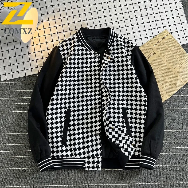 COMXZ Autumn Jacket Men Baseball Loose Black White Plaid Color Block Fashion All-Match Casual Korean Style outdoor sports Coat