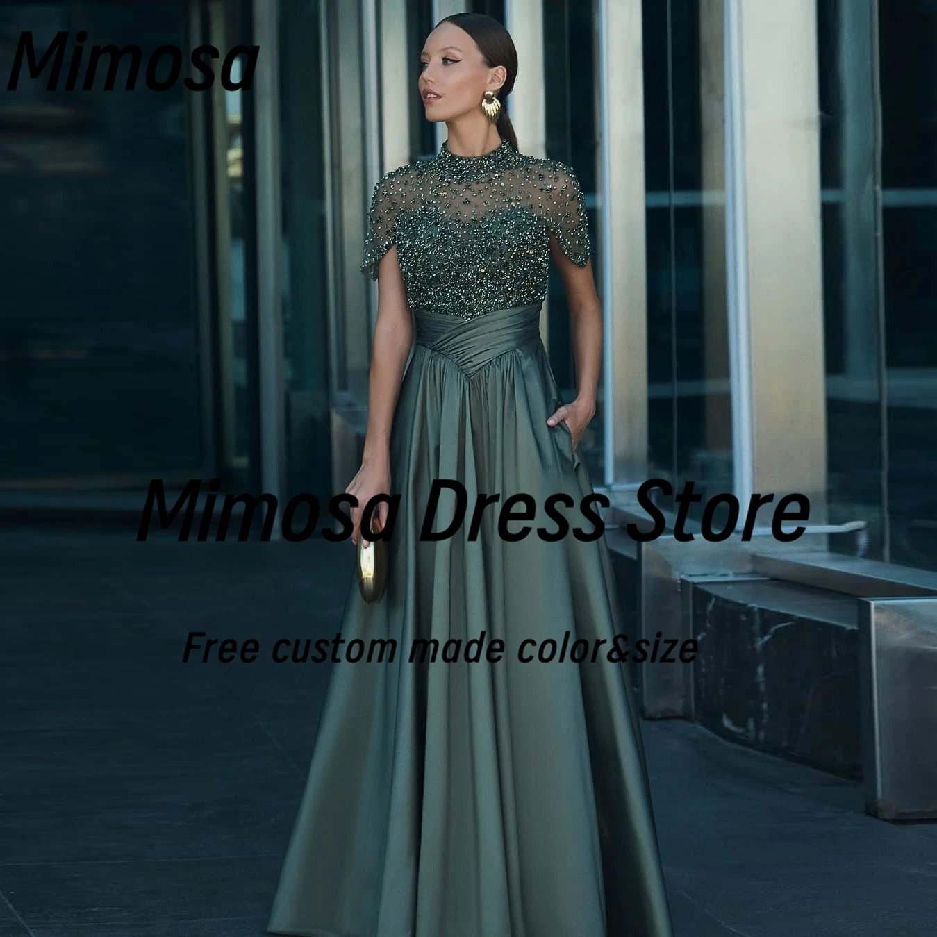 

Mimosa High Collar Evening Dresses Bespoke Beaded Short Sleeves Prom Dress with Pockets Long Ruched Formal Party Gown Customized