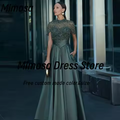 Mimosa High Collar Evening Dresses Bespoke Beaded Short Sleeves Prom Dress with Pockets Long Ruched Formal Party Gown Customized
