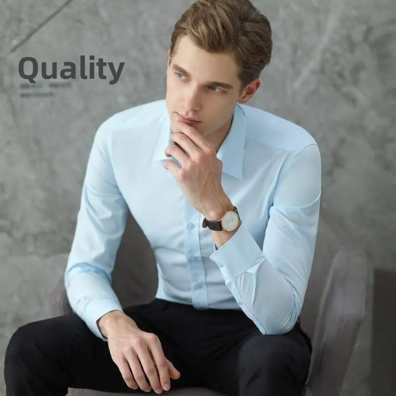 Csa blanca de manga larga informal de negocios para hombre, de seda fría, antiarrugas, de fibra de bambú, estilo formal pa...