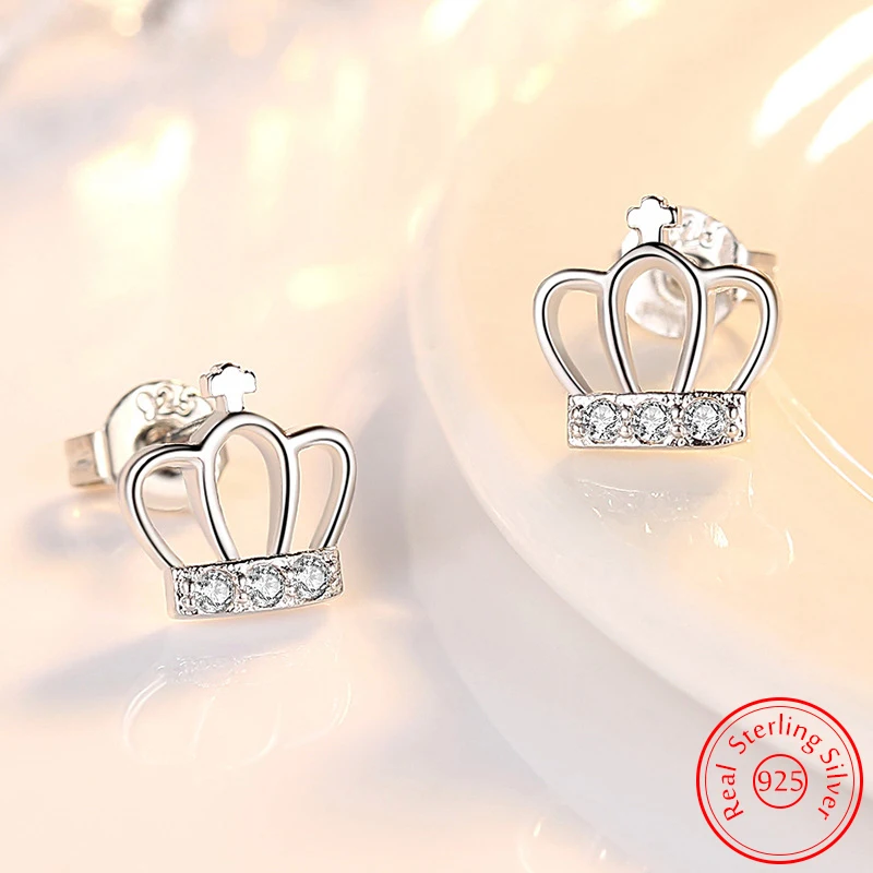 

Pure 925 Sterling Silver New Jewelry Fashion Crystal Zircon Crown Stud Earrings For Women XY0260