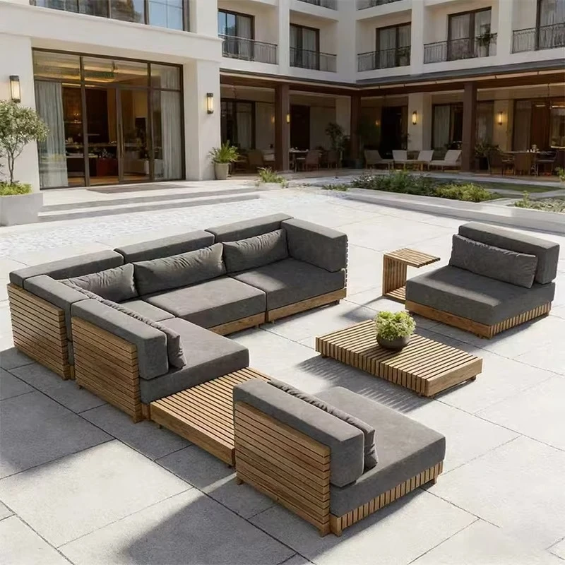 

Modern Garden Poolside Patio Furniture Set Waterproof Hotel Modular Sectional Resort Luxury Furniture Teak Wood Outdoor Sofa Set