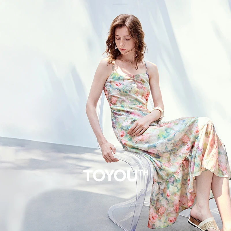 TOYOUTH Women Slip Dress 2026 Summer New Monet Garden Impressionist Floral Print Oil Painting Style Chiffon Spaghetti Strap Chic