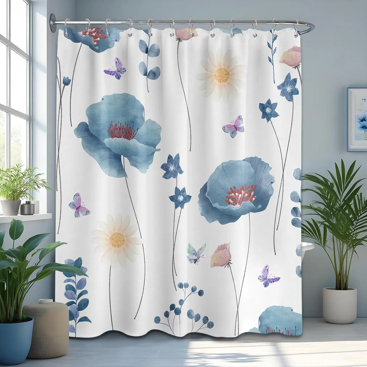 Waterproof Floral Shower Curtain Poppies Butterflies Watercolor Boho Bathroom Decor Shower Liner Curtain Vanity Storage Curtain