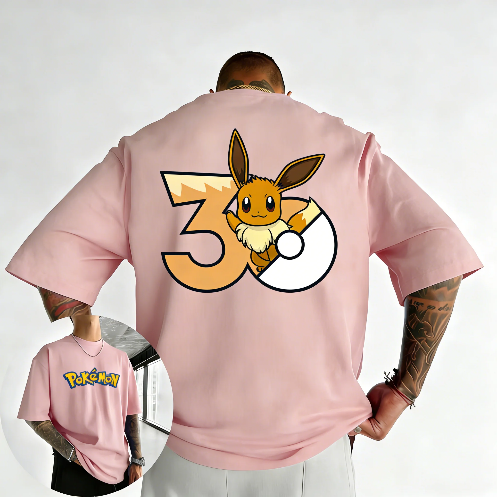 2026 Pokémon 30. Jubiläum Eevee Bedrucktes T-Shirt Sommer Neu Herren und Damen Trendiges Großes Lockeres Lässiges Y2K Kurzarm-Oberteil – Detail 12