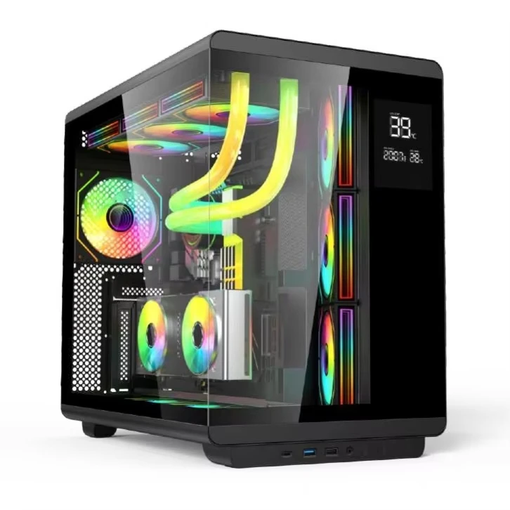 حافظة كمبيوتر للألعاب ATX من الزجاج المقسى تدعم برج كامل 360 درجة حافظة كمبيوتر مكتبي مع شاشة عرض LCD #2