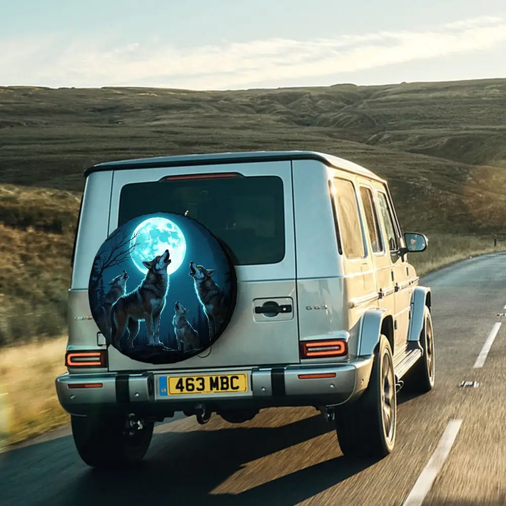 Wild Moonlit Wolf Call Theme Tire Cover - High-Quality Polyester Material, HD Artistic Printing With Long Lasting Vibrant Colors