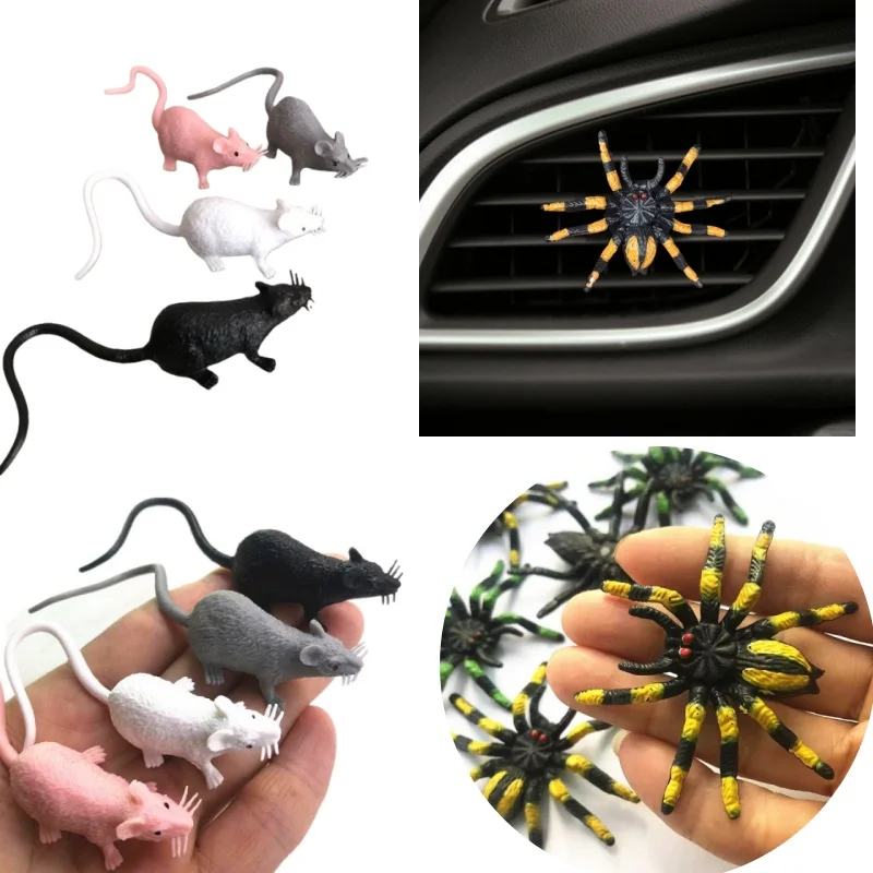 10 PCS Simulation Mini Mouse Model And White Flower Spider Horror Spoof Scary Halloween April Fools Toy Plastic Animals Figures