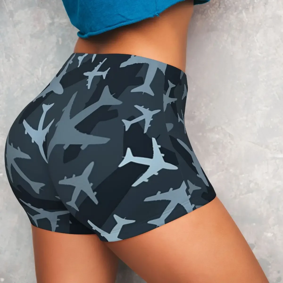 Custom Random Airplanes Pattern Aviation Fighter Pilot 2 Yoga Shorts Women Gym Workout Running Athletic Volleyball Biker Shorts
