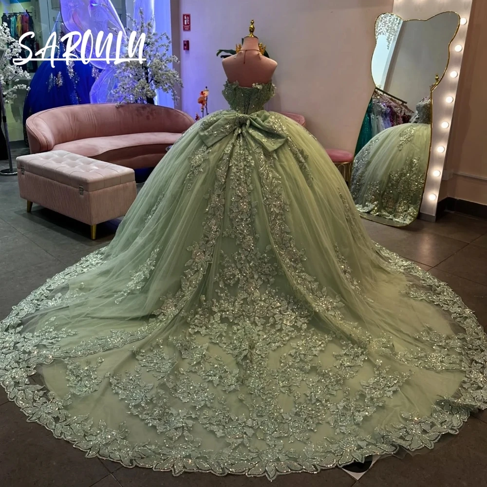 

Мятно-зеленое бальное платье Quinceanera Dress Sweet 16, церемония для взрослых, блестящие аппликации с пайетками, тюлевое платье с бантом, гламурное платье для выпускного вечера со шлейфом