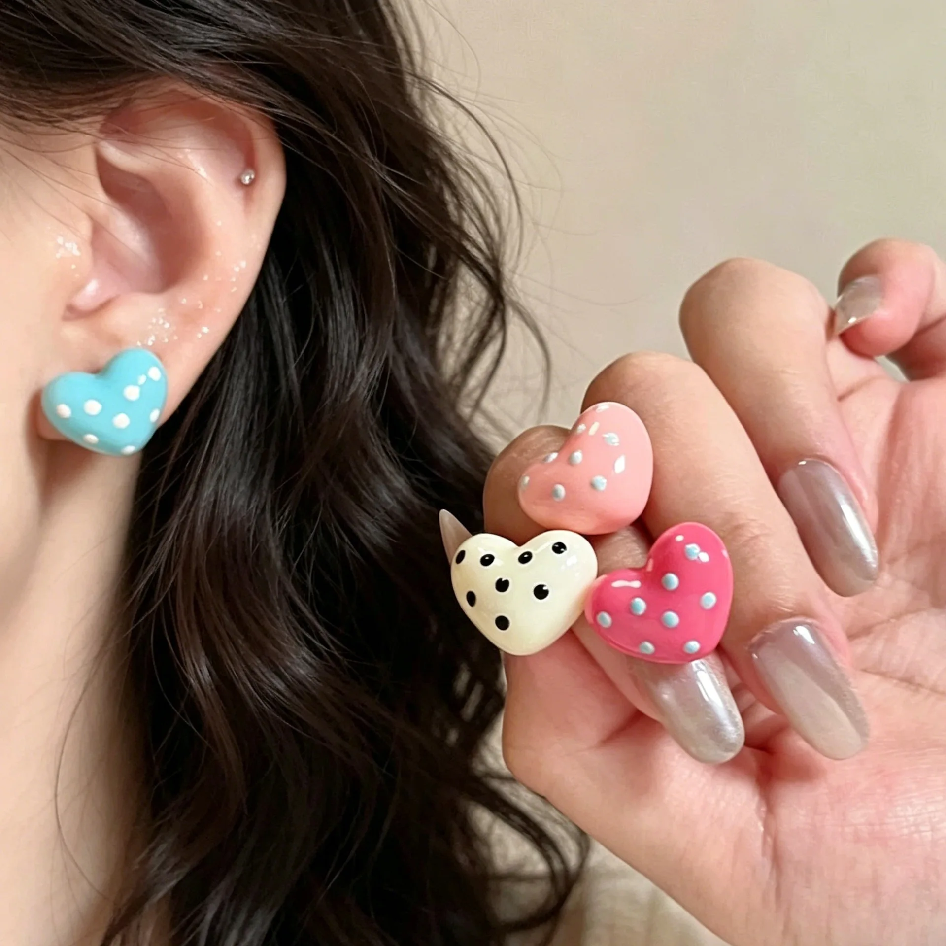Dopamine-Inspired Colorful Heart Polka Dot Stud Earrings: Fashionable, Versatile, Unique, and Beautiful Earrings