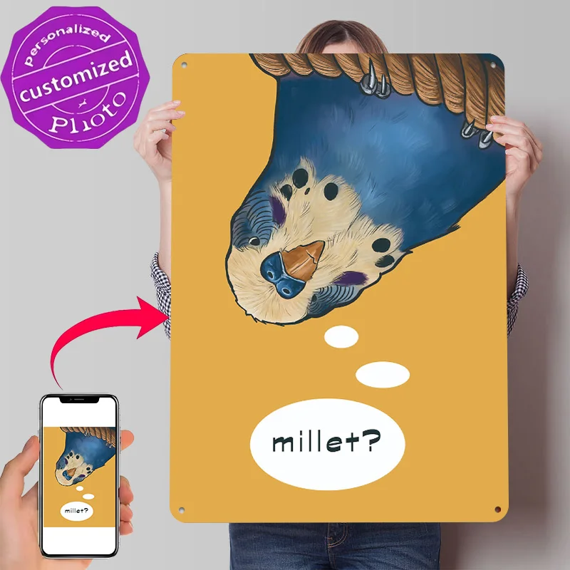 Parakeet Thinking About Millet 3D Texture Metal Poster Customized Wall Art Tin Sign Gift for Mancave Home Decor Living Room Desk