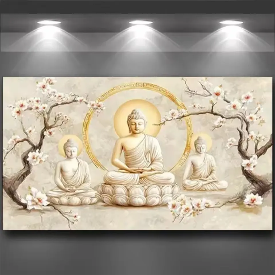 

Золотой Будда Белые Цветы Diy Алмазная Картина Большой Размер Полный Квадратный Круглый Алмазная Мозаика Вышивка Настенный Декор