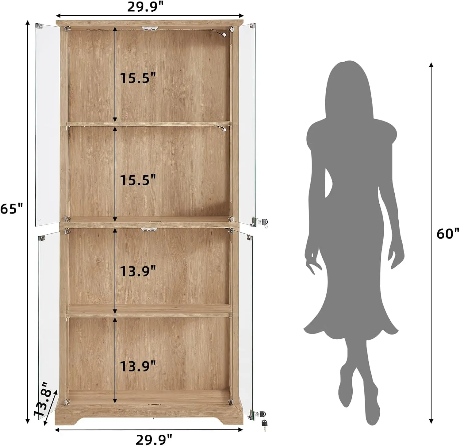Farmhouse Glass Display Cabinet with Lock, Natural | Wooden Curio Cabinets with Glass Doors, 3-Color Motion-Sensor Light & Reinf