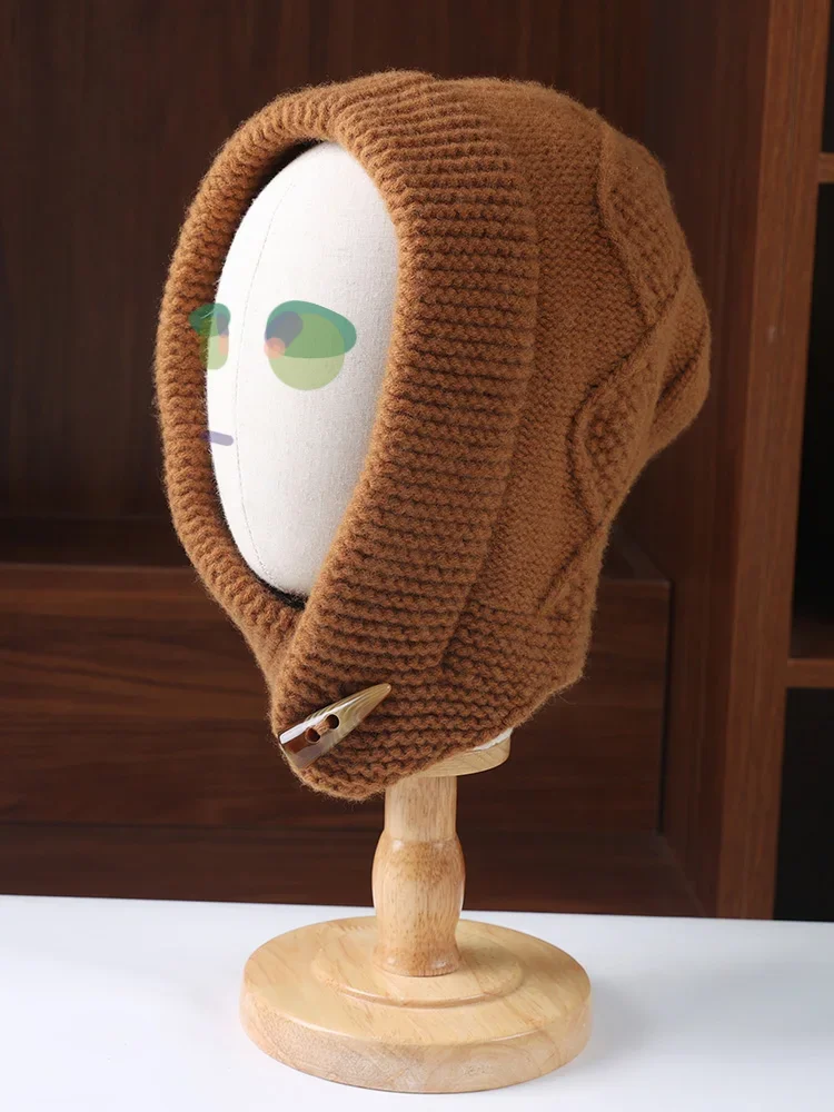 

Pure Wool Knitted Balaclava Hat Thick Autumn Winter Soft Hood Horn Button Scarf Women Bonnet Men Neck Warm Ride Streetwear 2024