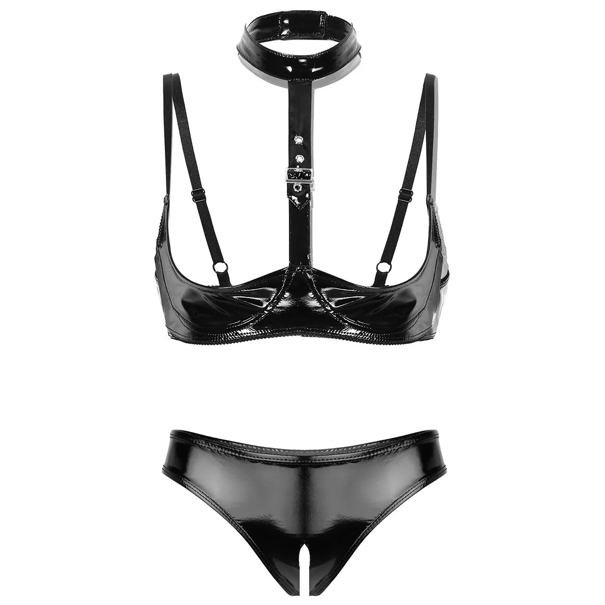 Womens Patent Leather Lingerie Set Black Buckle Halter Wetlook Latex Wire-free Open Cup Bra Top Exposed Breasts Bralette