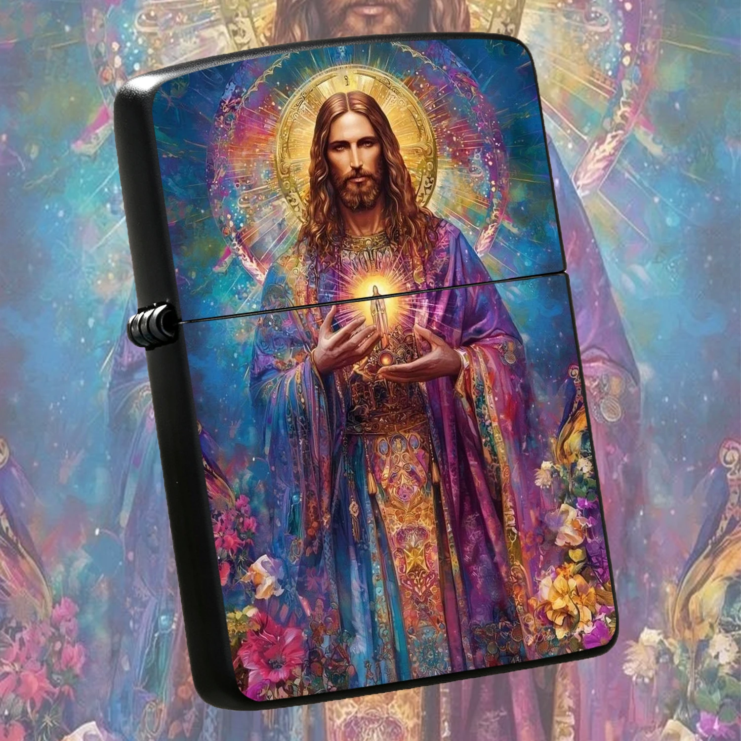 Retro Windproof With Psychedelic Jesus Sacred Heart Pattern, Colorful Artistic Floral Print Decor, Portable Reusable , Ideal Religious Belief Collectible Gift For Devotees, Family And Friends For Daily Use A Fun And Humorous Lighter