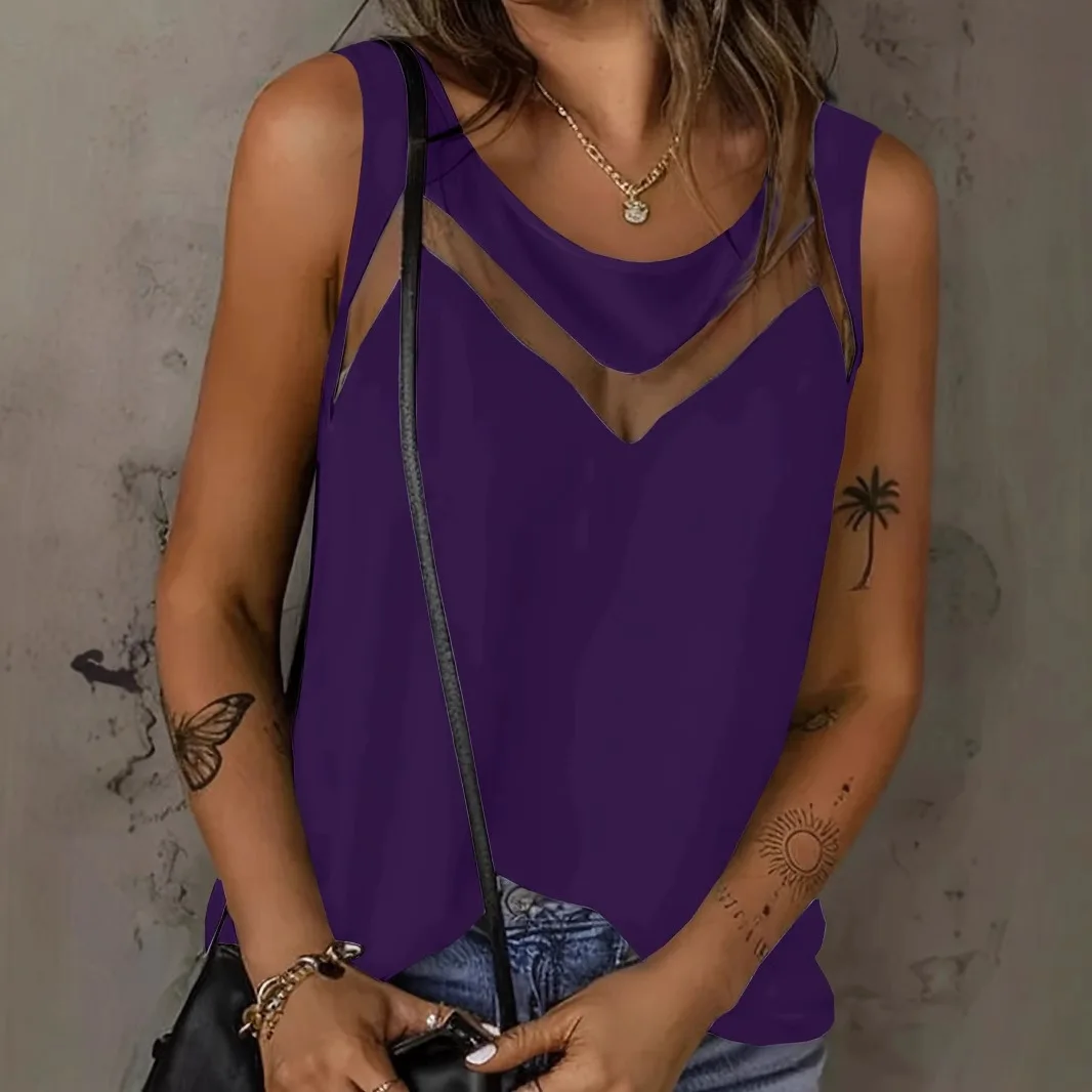 Ladies' Summer Sleeveless T-shirt Top Fashion Solid Color Hollow Perspective Tank Top 2025 Temperament Design Sense Top