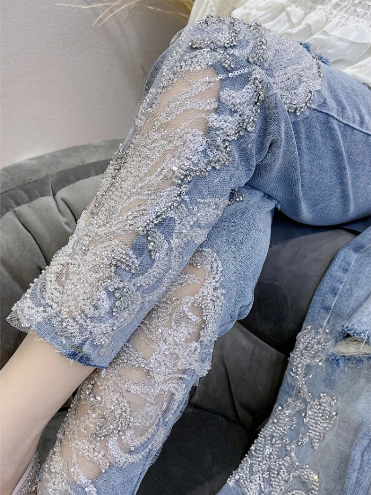 Summer Pants for Woman and Capris Straight Leg Rhinestones Transparent Women\'s Jeans Lace Grunge Y2k Spring Pants