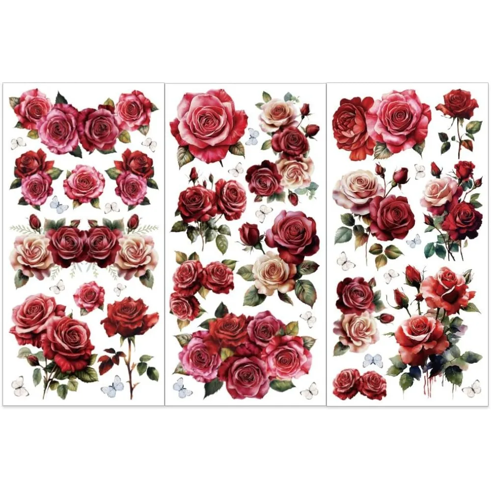 3 Stück/Set rote Rosen zum Reiben von Transfers für Möbel und Handwerk, 15,2 x 30,5 cm, Schmetterlings-Möbelaufkleber, rosa Rosen-Transferaufkleber zum Reiben