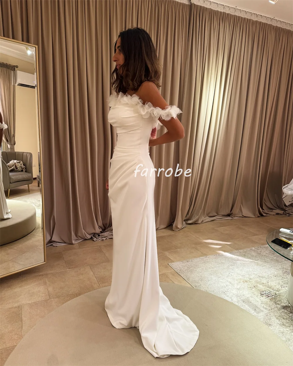 Customized Exquisite Pleat Flower Button Straight Off-the-shoulder Long Dresses Bespoke Occasion Dresses Matching Elegant