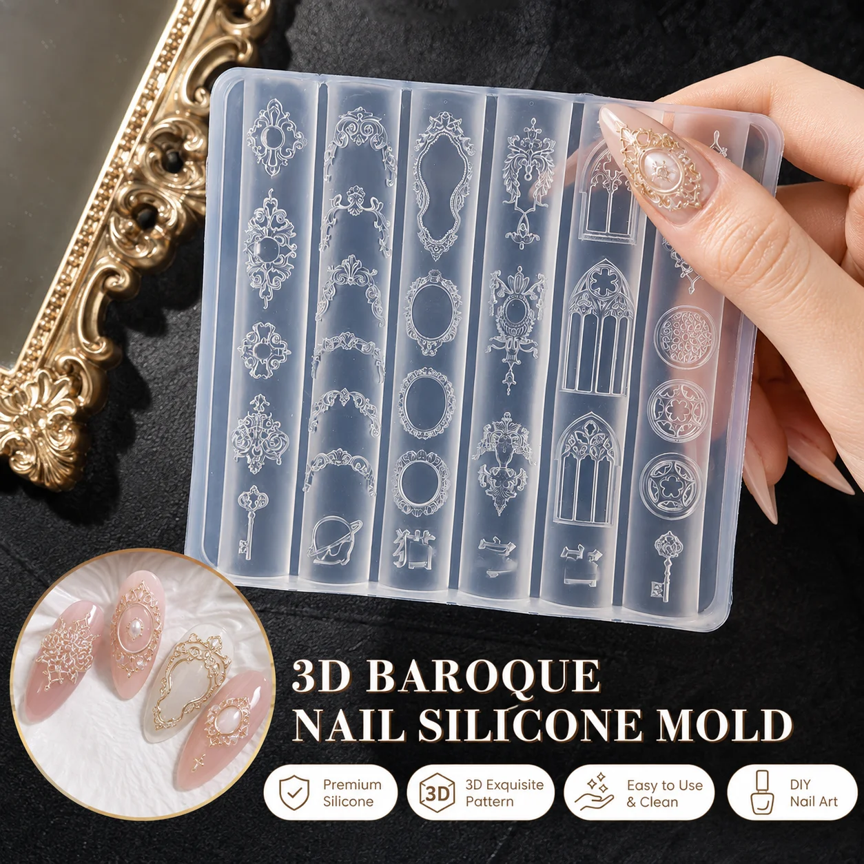 3D Silicone Nail Art Mold European Style Retro Patterns Candlestick Candle Design Decor DIY Transparent Manicure Template