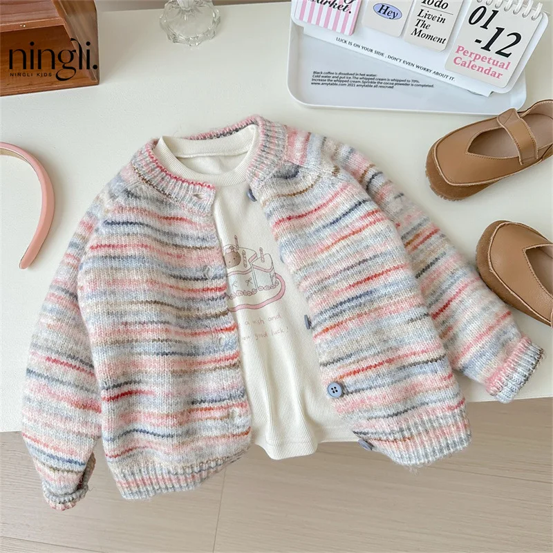 

NL-Baby Girl Color Matching Knitted Coat24Spring and Autumn New Children's Autumn Top Girls Outer Wear Cardigan