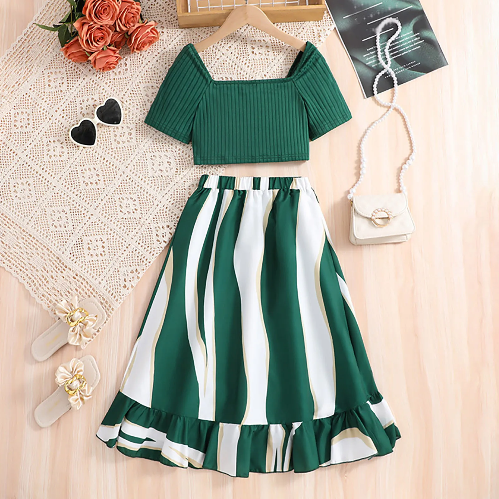 Fashion Summer Clothes Dress Sets For Kids Girls 7-12Yrs 2024 Summer New Puff Short Sleeve Green Top+Stripe Skirts Two Piece Set