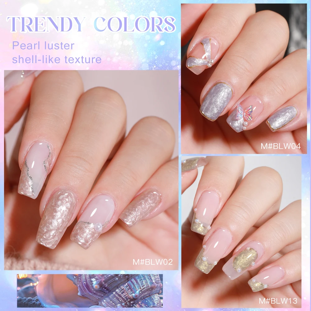 ชุดยาทาเล็บเจลสีขาวแบบมีเปลือกหอย 8 มล. 24 ชิ้น ชุดสีม่วงมุกเปลือกหอย ยาทาเล็บกึ่งถาวร ชุดอุปกรณ์ตกแต่งเล็บด้วยแสงยูวี