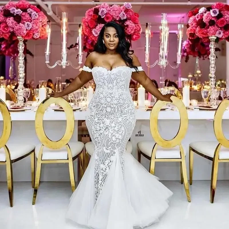 Aangepaste zeemeermin trouwjurken bescheiden plus size off-shoulder trompet sweep trein tule kant Afrikaanse bruidsjurken