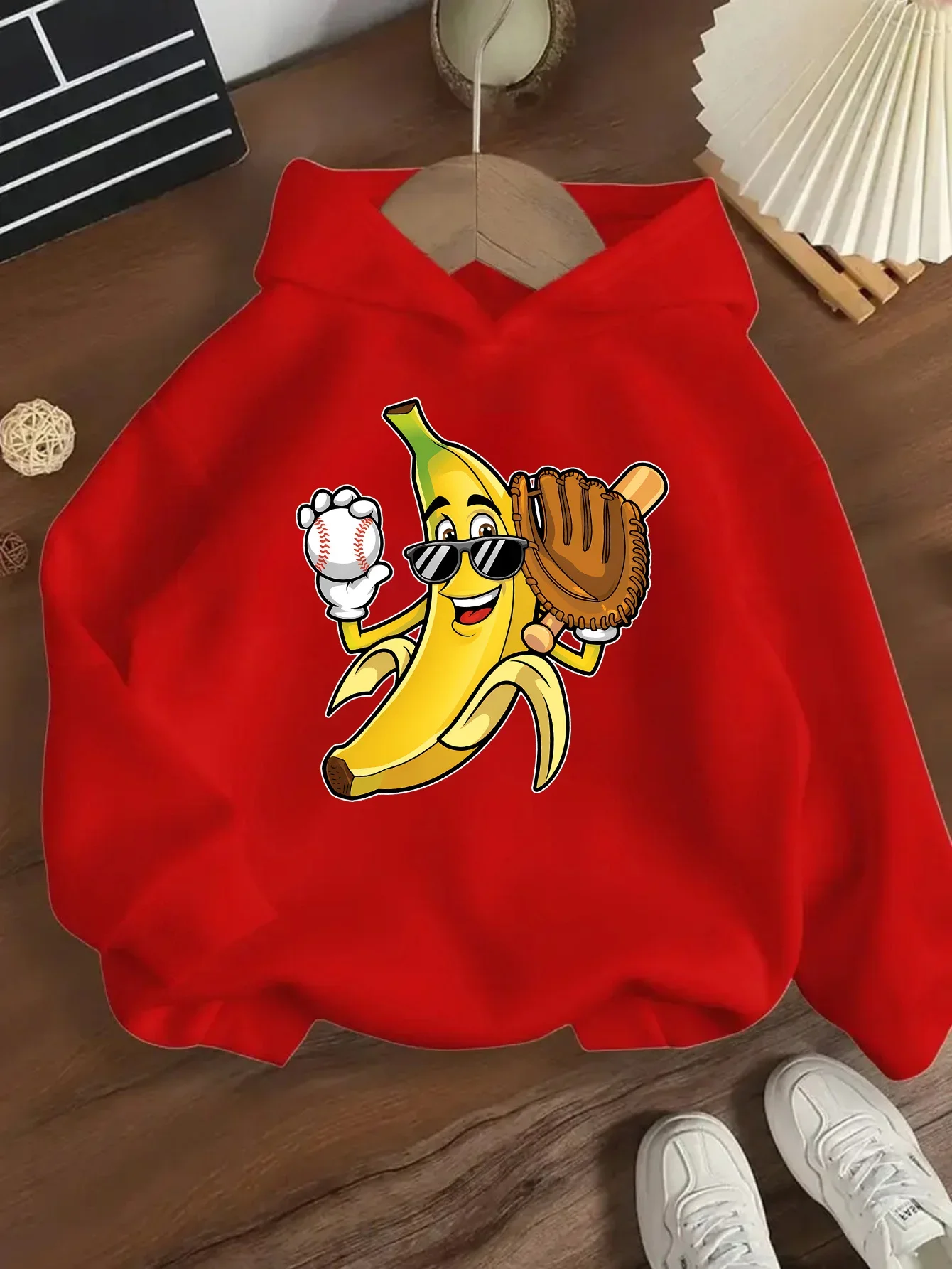 Hooded Sweatshirt for Spring And Autumn, Featuring a Cartoon Banana Baseball Print, Casual Top for Boys And Girls,