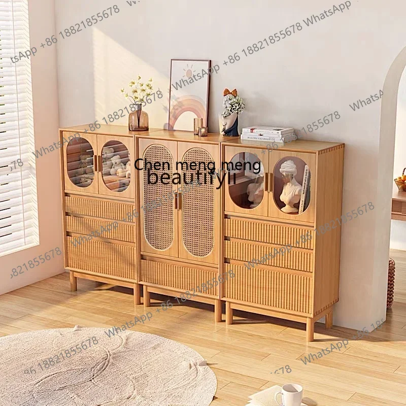 FNordic solid wood rattan high cabinet, living room glass storage locker Japanese simple bookcase  R