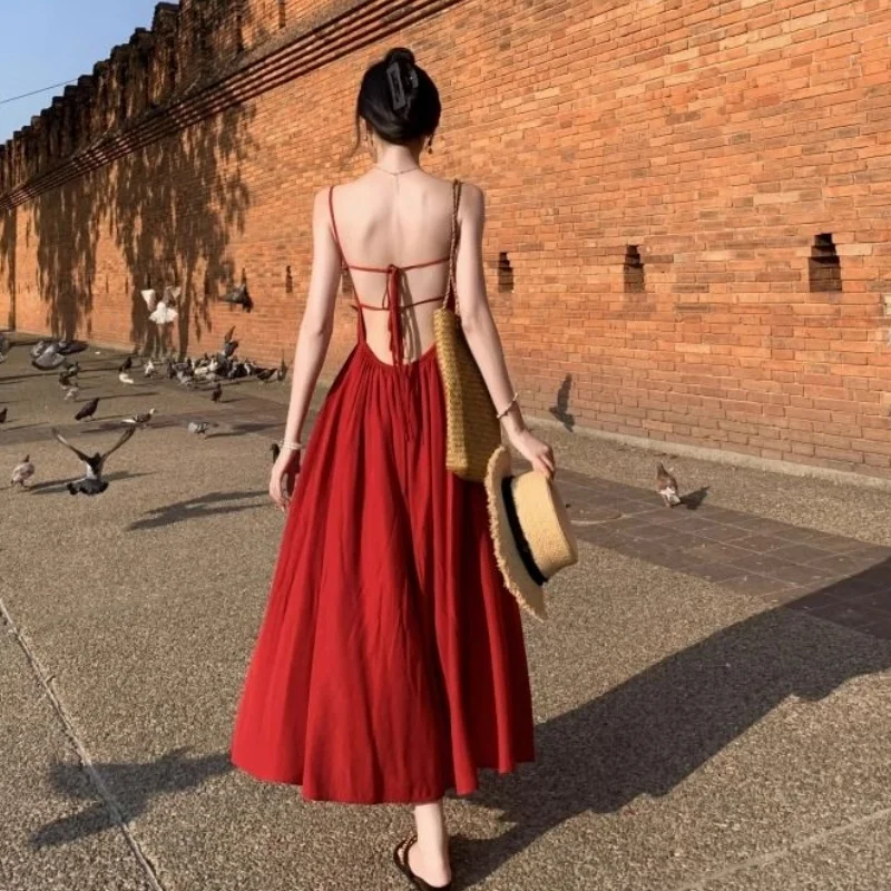 Neues Sommer-Maxikleid für Damen, Einfarbig, Dünn, Sexy, Lässig, Strand- und Urlaubskleid, Rückenfreies Slip-Kleid, Modischer Rock im Ins-Stil