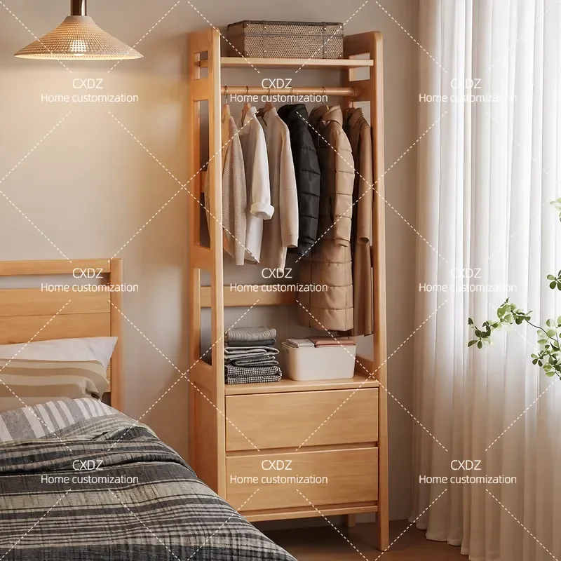 All Solid Wood Floor to Ceiling Coat Rack Multi Functional Simple Household Bedroom Bedside Table Integrated Storage Stand