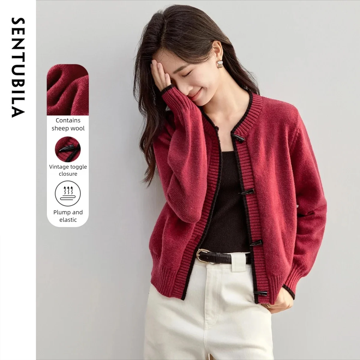 سترة نسائية من SENTUBILA بتصميم عتيق متباين لخريف 2025 سترات ناعمة غير رسمية بأكمام طويلة ملابس نسائية محبوكة W43E56366
