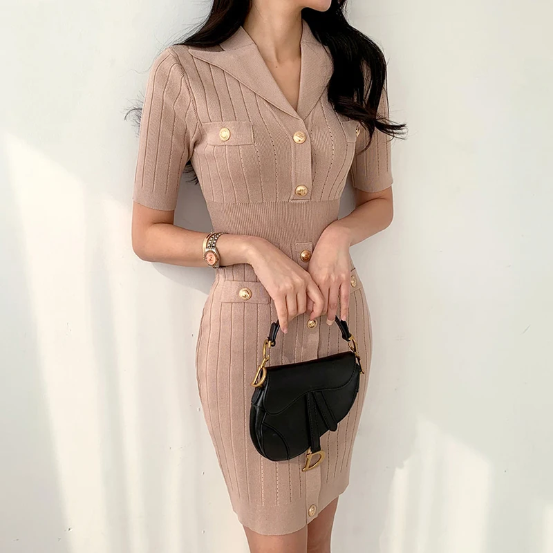 

Women's Notched Knit Short Mini Dress, Button Sheath, Thin Bodycon Dresses, Above Knee, Summer Fashion, New