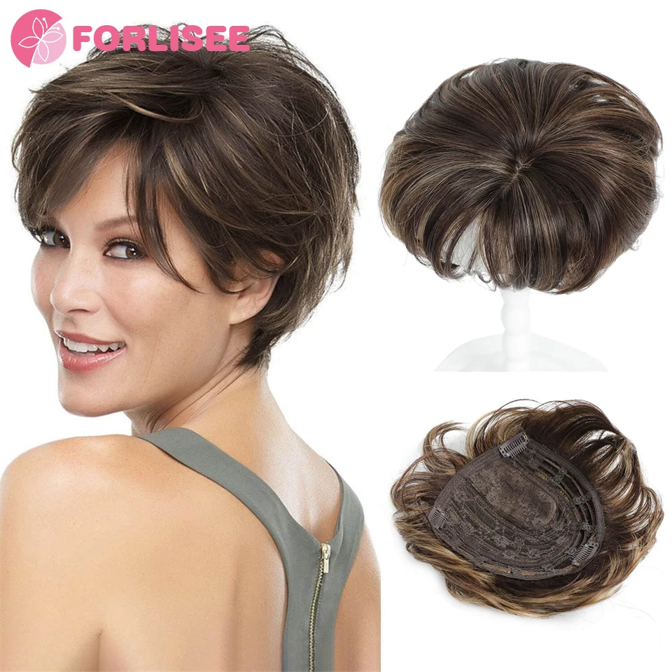 FORLISEE Women\'s Short Hair Topper Fluffy Synthetic Hairpin Top Wavy Hair Piece Brown With Highlights Replacement Wig