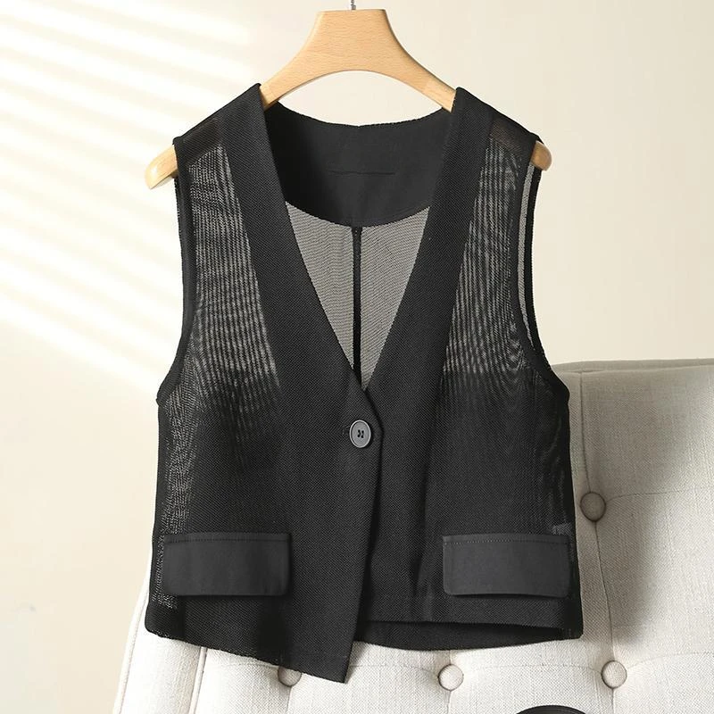 

See Through Mesh Vests Women Thin Summer Breathable V-neck Korean Fashion Sleeveless Solid Elegant Office Lady Temperament Coats